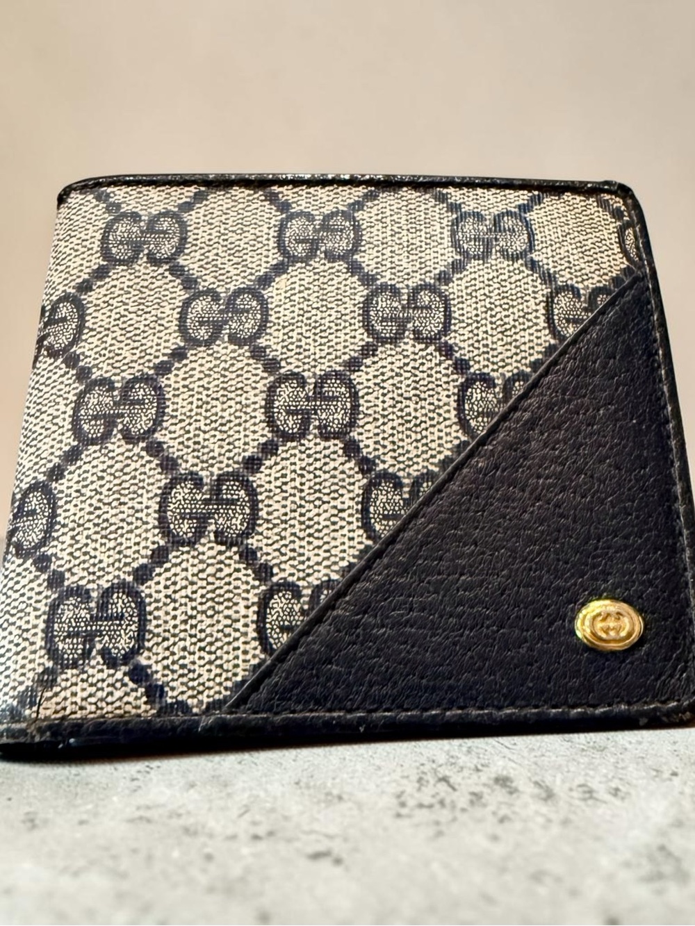 Gucci Beige and Black GG Canvas Bifold Wallet with Gold Snap